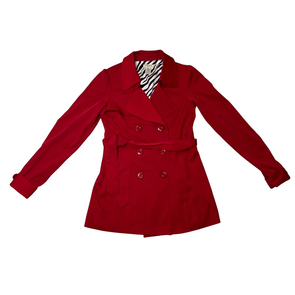 Vertigo Paris Red Double Breasted Trench Coat Zebra Lining size XS Belted Jacket